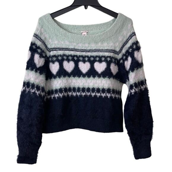 Victoria's Secret Fair Isle Hearts Eyelash Sweater Womens Small Fuzzy Cozy - Picture 1 of 10
